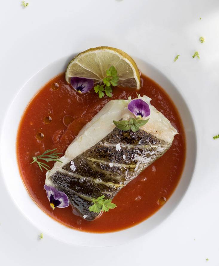 Baccalà con pelle croccante su specchio al pomodoro