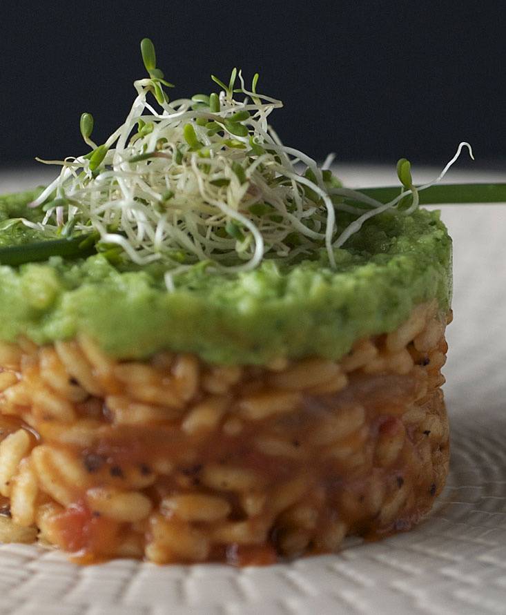Risotto al pomodoro, ceci, prezzemolo e spuma di broccoli