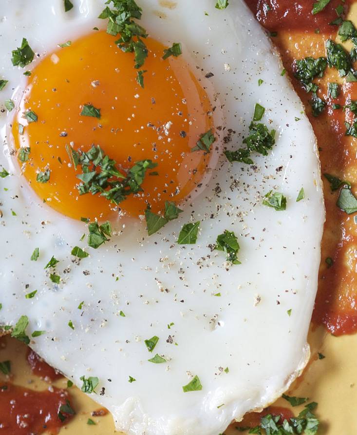 Fried egg sunny side up with tomato